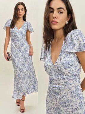Reformation Vida Dress‎ Chloe Blue Floral Satin Flutter Sleeve Maxi Size 0